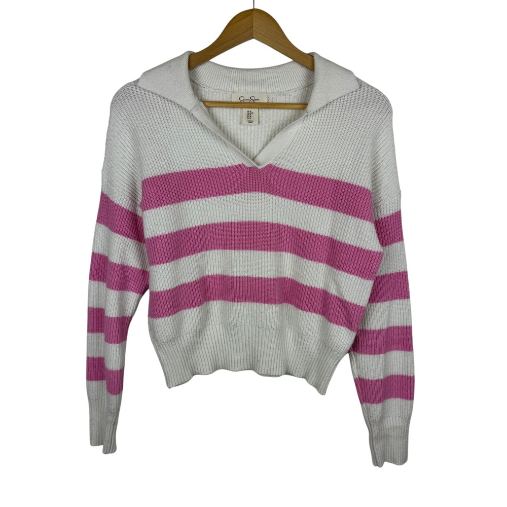 Jessica Simpson Pink Striped Sweater Sz M V-Neck Pullover Country‎ Club Preppy